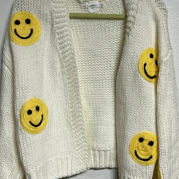 Luna Ivy White Smiley Face Chunky Knit Open Cardigan Sz M - Picture 3 of 11